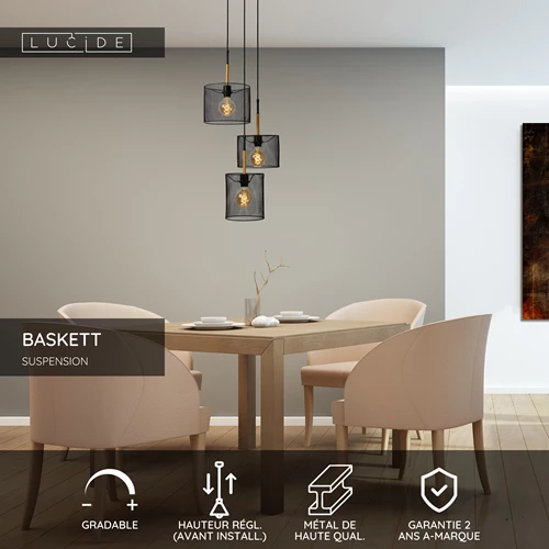 Lucide BASKETT - Suspension - 3xE27 - Noir - USP